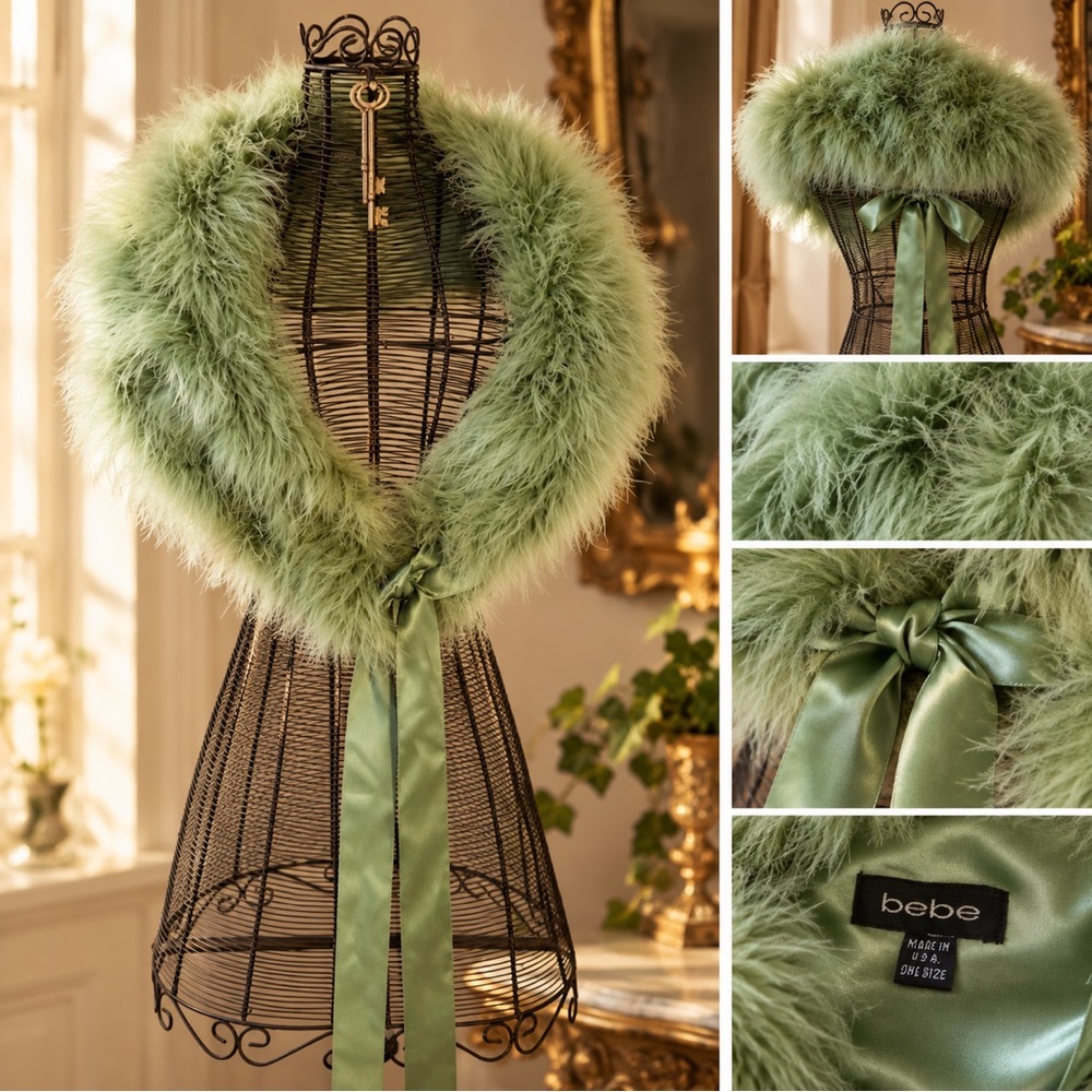 Vintage bebe Sage Green Feather Stole Wrap Y2K Satin Tie One Size